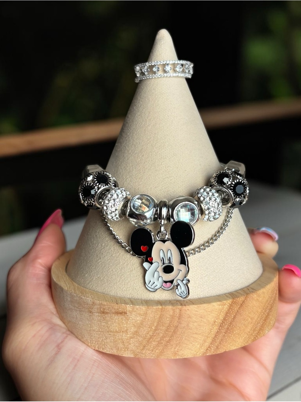 Silver Black Mickey Charm Bracelet and Ring